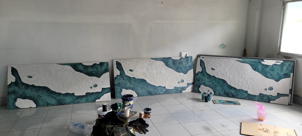 Tranh Phù Điêu Đắp Nổi 3D Trừu Tượng Đại Dương – Tranh Treo Tường Khổ Lớn Phong Cách Coastal Wabi-Sabi