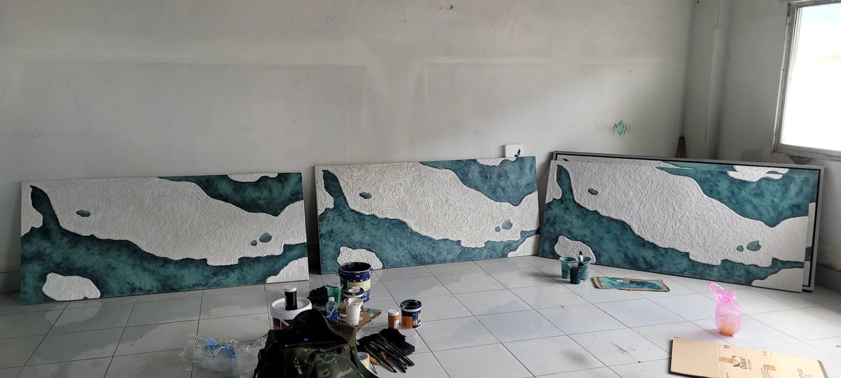 Tranh Phù Điêu Đắp Nổi 3D Trừu Tượng Đại Dương – Tranh Treo Tường Khổ Lớn Phong Cách Coastal Wabi-Sabi