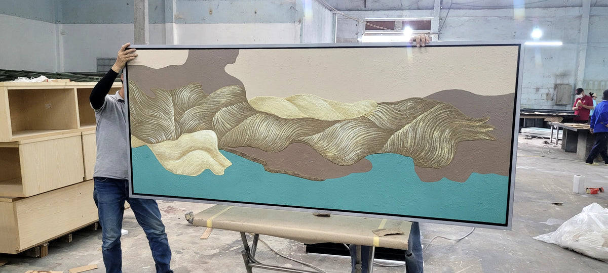Tranh Phù Điêu Đắp Nổi 3D Trừu Tượng Dãy Núi Dát Vàng Khổ Lớn – Tranh Treo Tường Phòng Khách & Sảnh Villa Luxury