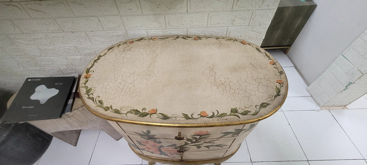Tủ Console Trang Trí Dáng Oval Vẽ Tay Hoa Mẫu Đơn – Tủ Tab Đầu Giường Tân Cổ Điển European Vintage