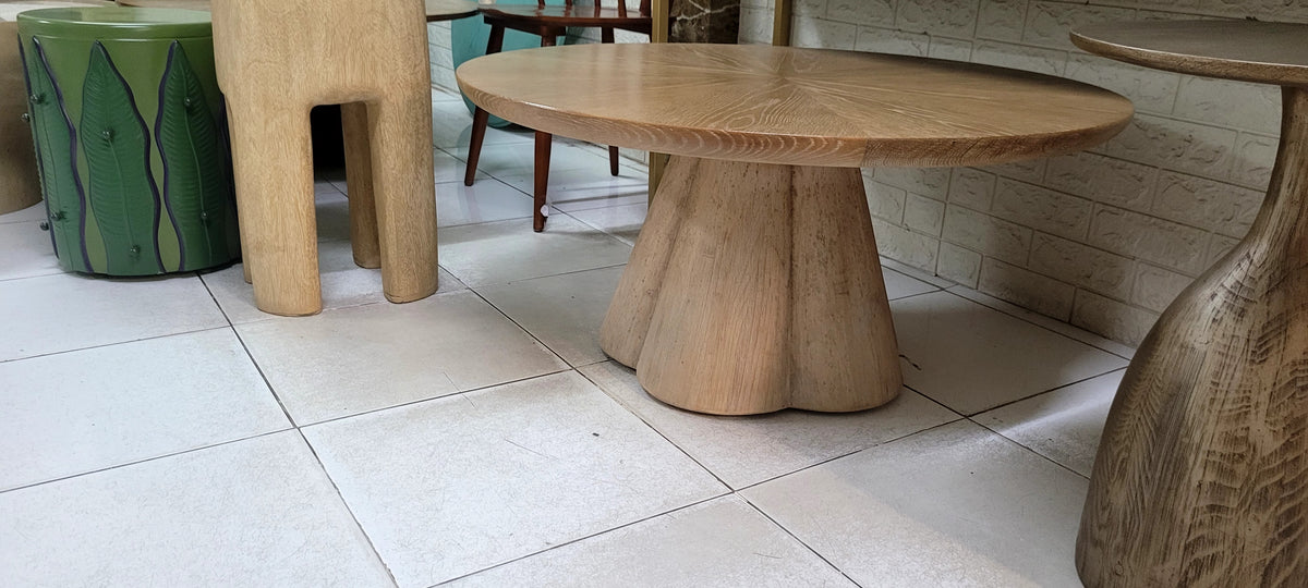 Bộ Bàn Trà & Đôn Gỗ Điêu Khắc Nguyên Khối – Bàn Góc Trang Trí Phong Cách Wabi-Sabi, Japandi Luxury