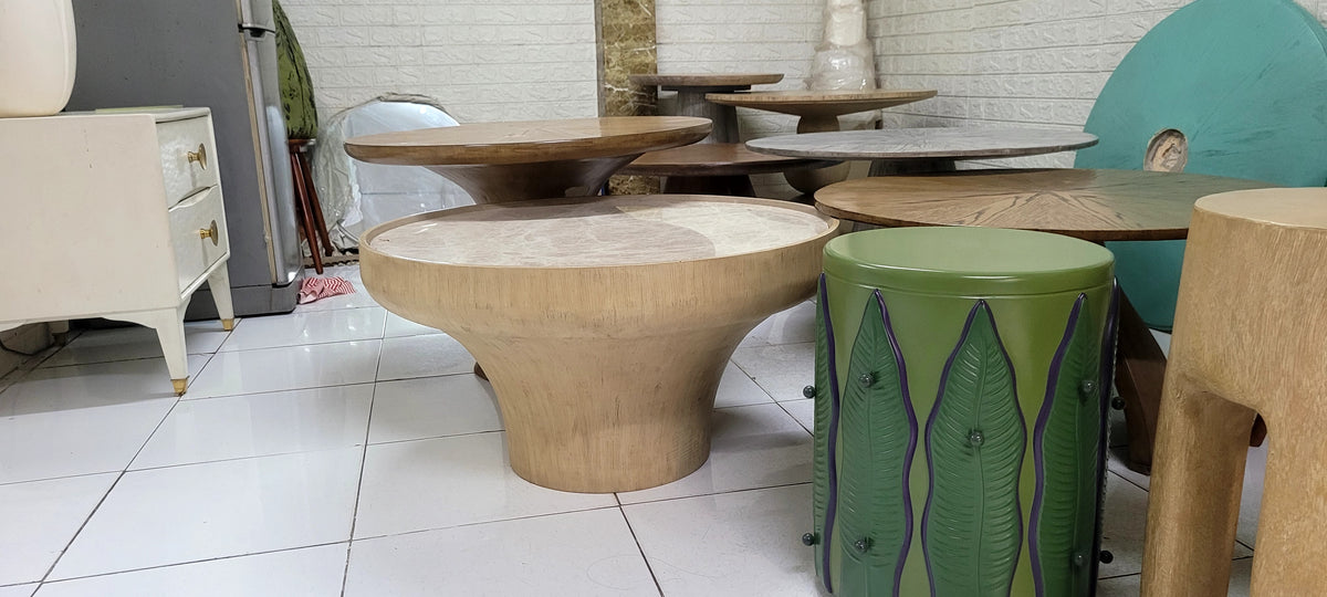 Bộ Bàn Trà & Đôn Gỗ Điêu Khắc Nguyên Khối – Bàn Góc Trang Trí Phong Cách Wabi-Sabi, Japandi Luxury