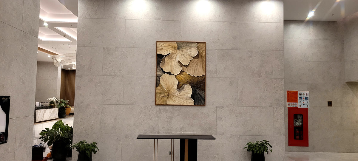 Tranh Phù Điêu 3D Đắp Nổi Lá Sen Dát Vàng Trừu Tượng – Tranh Khổ Lớn Trang Trí Sảnh Biệt Thự & Khách Sạn Cao Cấp