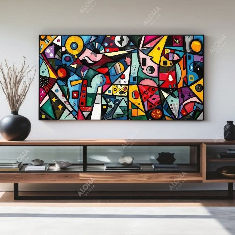 Bộ Sưu Tập Tranh Treo Tường Trừu Tượng Lập Thể Đa Sắc Khổ Ngang – Tranh Canvas & Tráng Gương Decor Kệ TV Phòng Khách Luxury