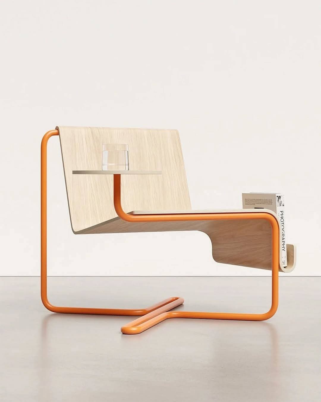 Ghế Thư Giãn Đọc Sách Gỗ Uốn Khung Thép Cam Tích Hợp Bàn Trà & Kệ Tạp Chí – Ghế Accent Chair Hiện Đại Cho Căn Hộ & Lounge