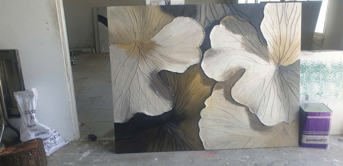 Tranh Phù Điêu 3D Lá Sen Đắp Nổi Thủ Công – Tranh Treo Tường Nghệ Thuật Zen & Wabi-Sabi Cao Cấp Cho Phòng Khách & Biệt Thự