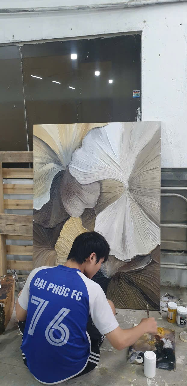 Tranh Phù Điêu 3D Lá Sen Đắp Nổi Thủ Công – Tranh Treo Tường Nghệ Thuật Zen & Wabi-Sabi Cao Cấp Cho Phòng Khách & Biệt Thự