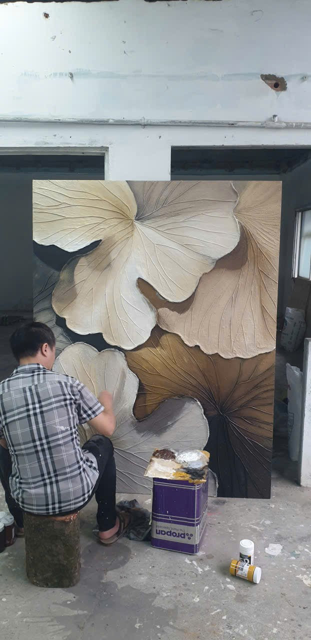 Tranh Phù Điêu 3D Lá Sen Đắp Nổi Thủ Công – Tranh Treo Tường Nghệ Thuật Zen & Wabi-Sabi Cao Cấp Cho Phòng Khách & Biệt Thự