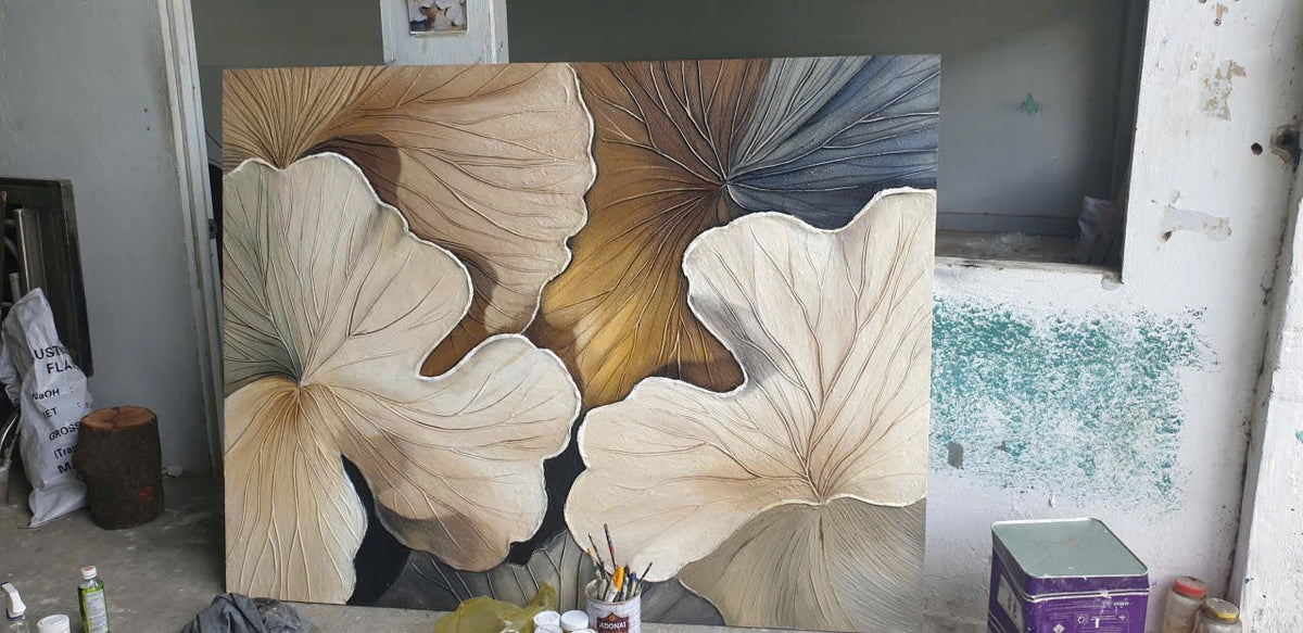 Tranh Phù Điêu 3D Lá Sen Đắp Nổi Thủ Công – Tranh Treo Tường Nghệ Thuật Zen & Wabi-Sabi Cao Cấp Cho Phòng Khách & Biệt Thự