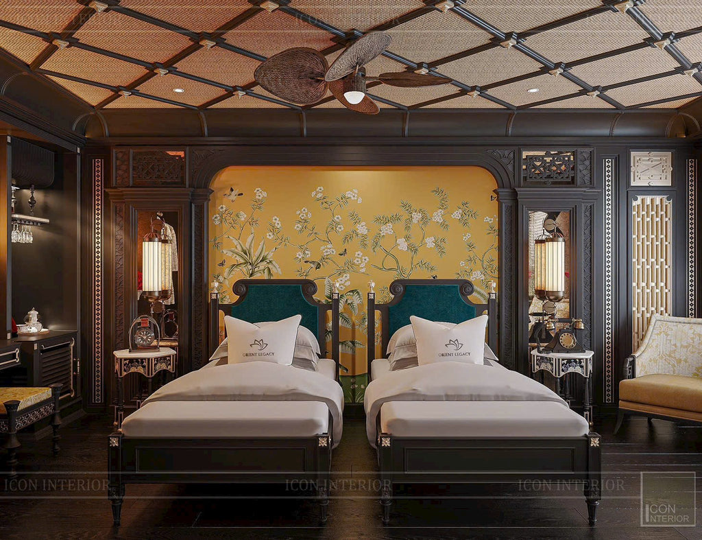 Dịch Vụ Vẽ Tranh Tường Dát Vàng Phong Cách Indochine – Tranh Phim Trường & Vách Vòm Gỗ Đông Dương Luxury Cho Hotel & Biệt Thự